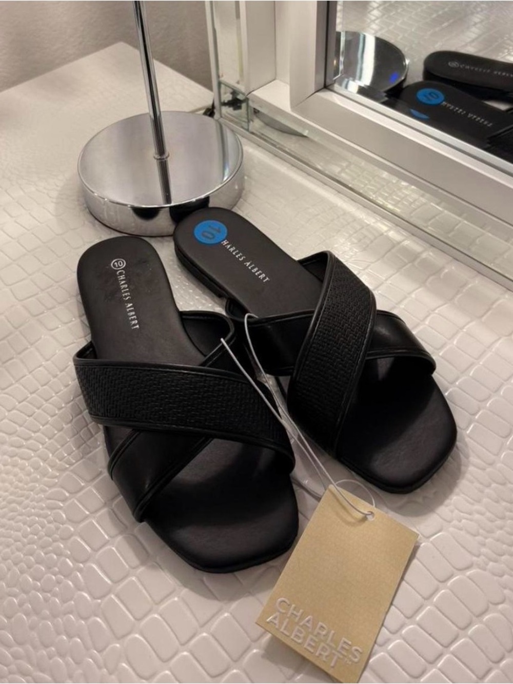 Charles Albert Black Crisscross Slide Sandals